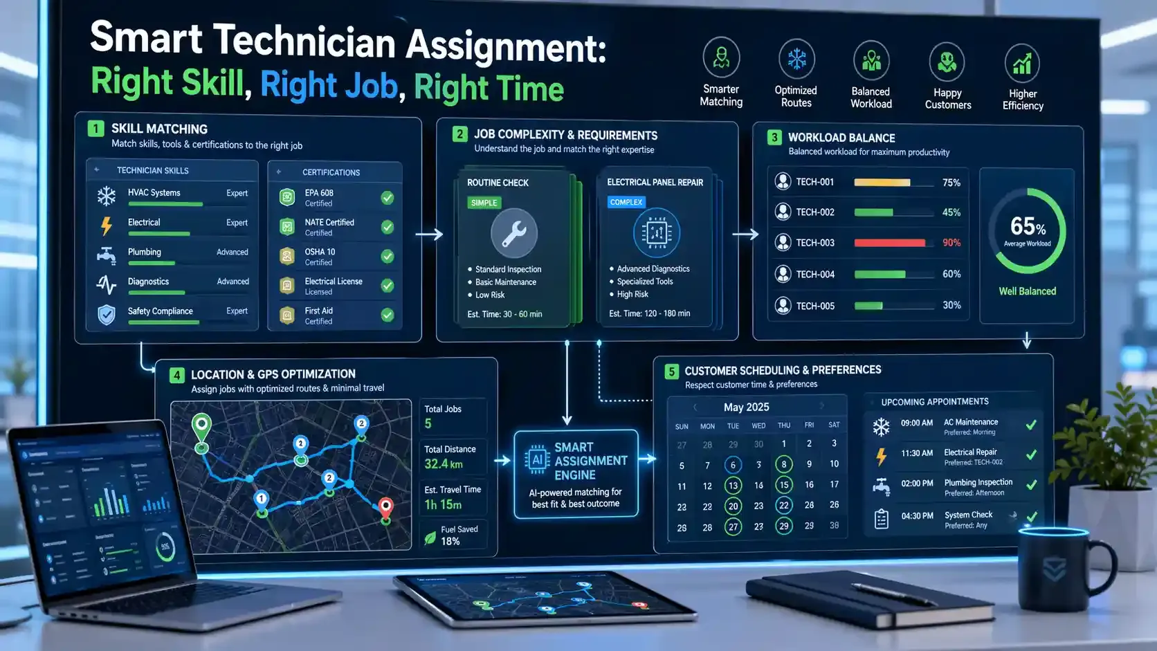 Smart technician assignment dashboard with skill, workload, and GPS optimization 